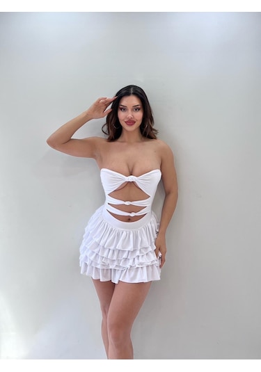 Beyaz Eteği Kat Kat Fırfırlı Sandy Kum.mini Elbise Beyaz