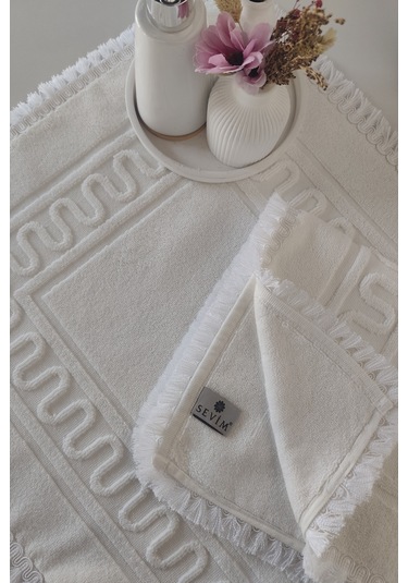 2'li Püsküllü Ayak Havlusu-%100 Pamuk-50x70 Cm Ekru