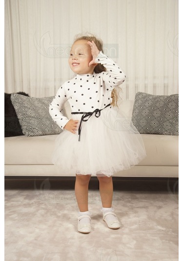 Puantiyeli Kız Çocuk Uzun Kollu Doğum Günü Ve Özel Günler İçin Tüllü Elbise Beyaz