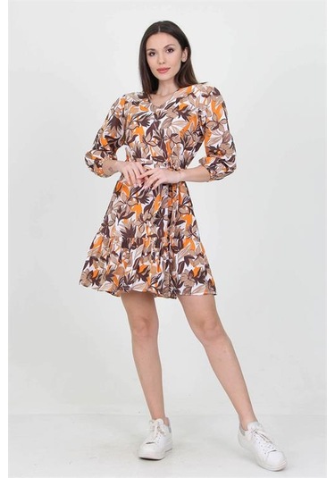 Neşeli Butik Kadın Camel V Yaka Bağlama Detaylı Çiçekli Mini Elbise Nb10029 Camel