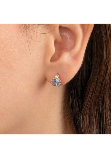 Altın Küpe - 14 Ayar Altın Oval Blue Topaz Taşlı Tektaş Küpe Sarı