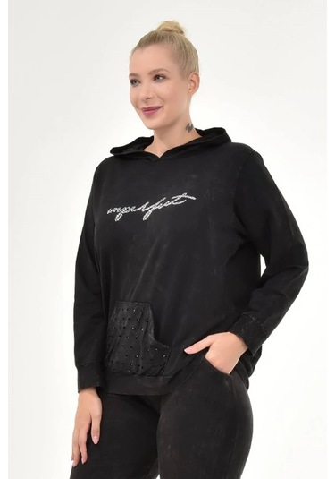 Kadın Büyük Beden İtalyan Yıkama Siyah Kapşonlu Sweatshirt Siyah