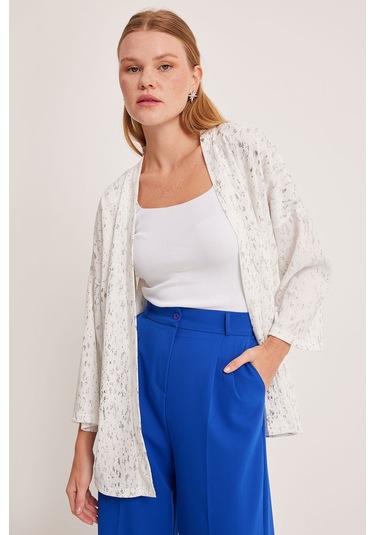 Bigdart Kadın Gümüş Varaklı Örme Kimono 5925 001