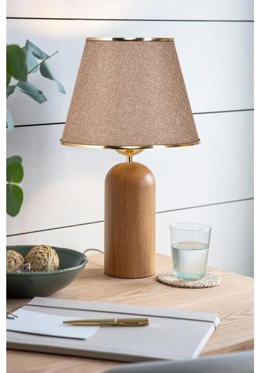 Silos Masif Ahşap Ayaklı Gold Detaylı Kumbeji Kumaş Şapkalı Dekoratif Abajur Kum Beji