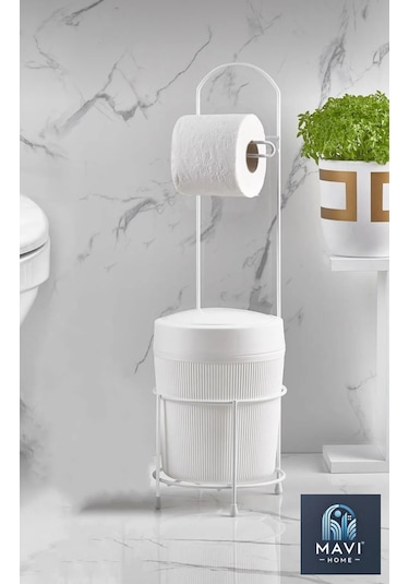Kovalı Tuvalet Kağıtlığı, Çöp Kovalı Tuvalet Kağıdı Askısı, Banyo Çöp Kovası, Tuvalet Kağıtlık Beyaz