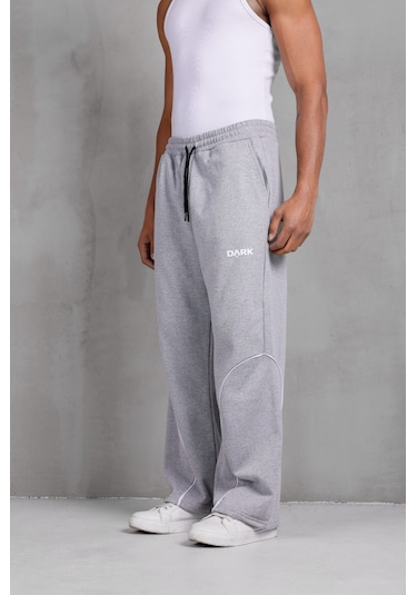 Dark Moda Erkek Oval Şeritli Baskılı Yazlık Baggy Eşofman Gri