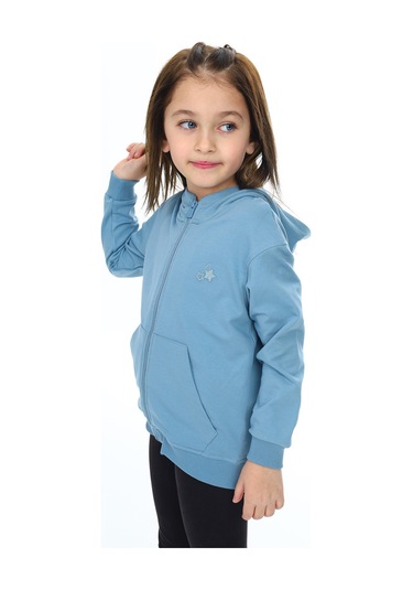 Toontoy Kız Çocuk Kapüşonlu Fermuarlı Cepli Düşük Omuz Nakış Baskılı Örme Hırka - 2 İplik Mavi