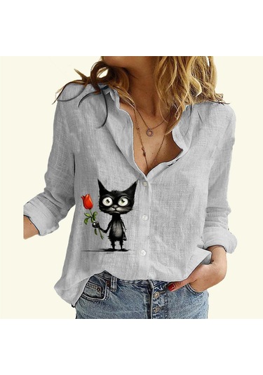 Kadın Moda Pamuk Keten Gömlek Kedi Baskılı Uzun Kollu Üst Bayan Günlük Düğmeli Bluz Gri