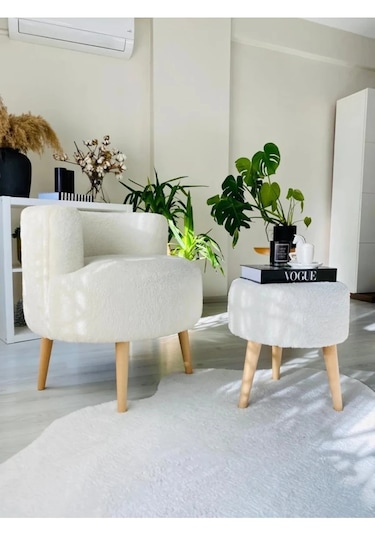 Çay Seti Tekli Koltuk Berjer Ve Puf Takımı Salon, Balkon, Ofis Krem