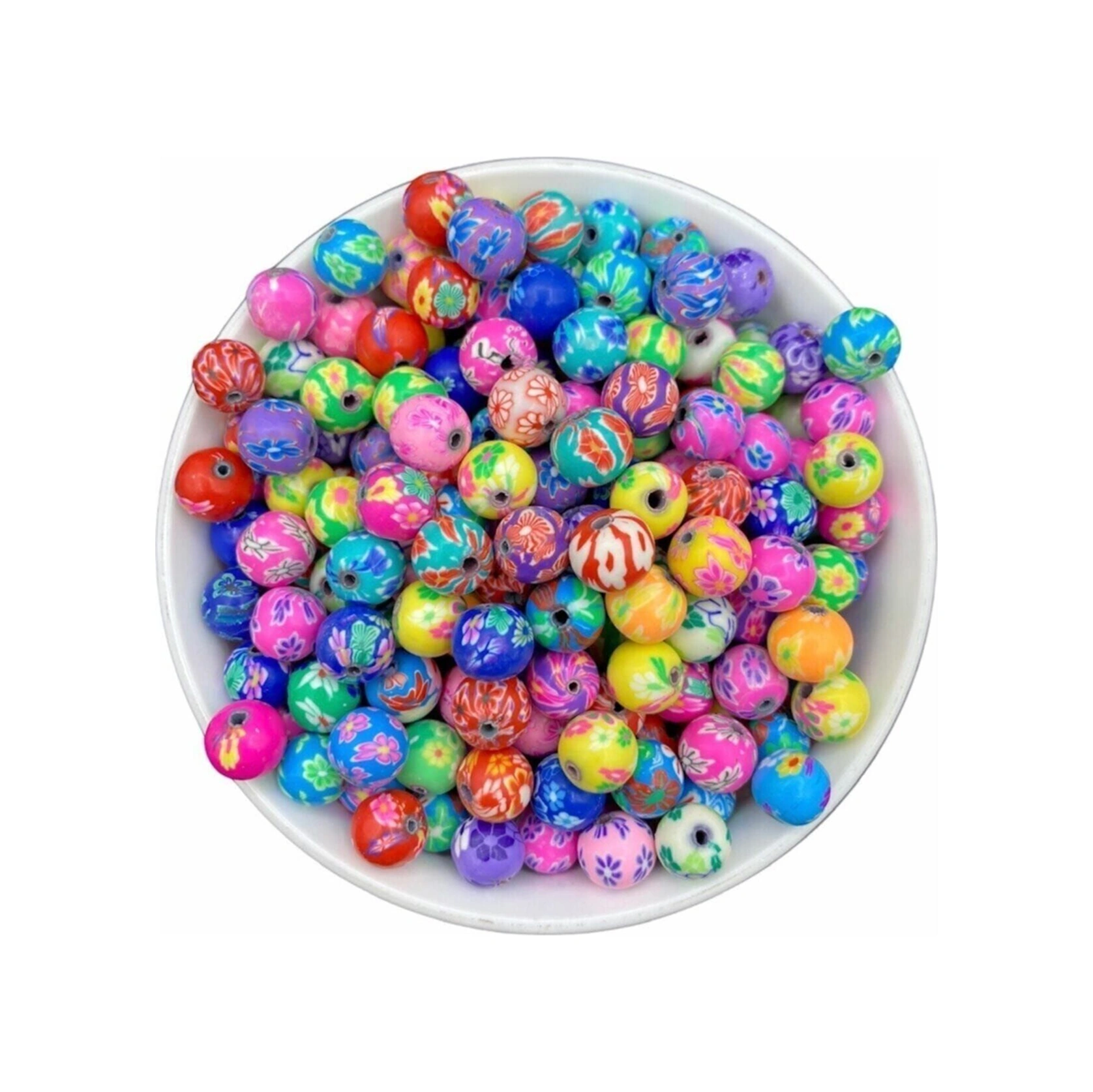 10mm Karışık Çiçek Desenli Yuvarlak Top Model Polimer Kil Fimo Boncuk 25 Adet