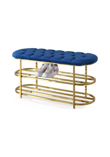 Kapitoneli Puf Bench Kapı Önü Metal Ayakkabılık Saks Mavi