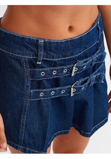 Dilvin Kemer Detaylı Mini Denim Etek Lacivert