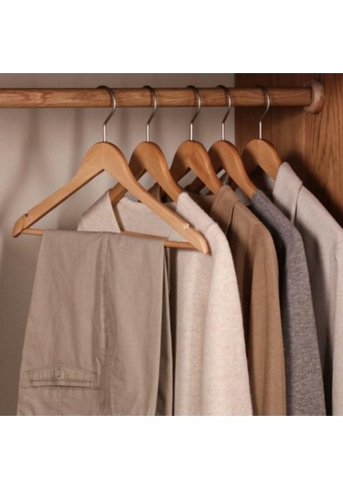 Novahub Burlywood Ahşap Askılar Seti - 5 Adet - Dayanıklı Elbise Askısı - Metal Kancalı Dolap Organizatör - Yerden Tasarruf Diğer