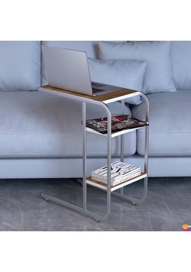 Modilayn C Yan Sehpa Dar Boy Tekerlekli Çalışma, Atıştırmalık, Yemek, Laptop Sehpası Ceviz Kahverengi