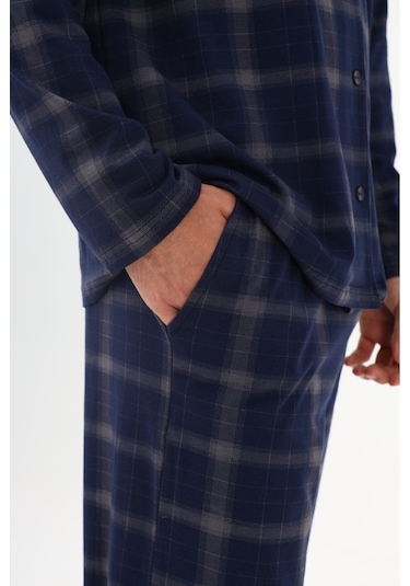 Erkek Pamuklu Mavi Ekose Desenli Uzun Kollu Cep Detaylı Gömlek Yaka Pijama Takımı Ko60113 Mavi
