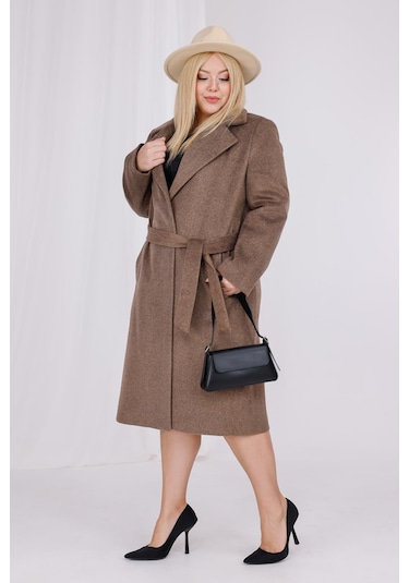 Kadın Kahve Melanj Yün Kaşe Kemer Ve Astar Detay Büyük Beden Kaban Sütlü Kahverengi