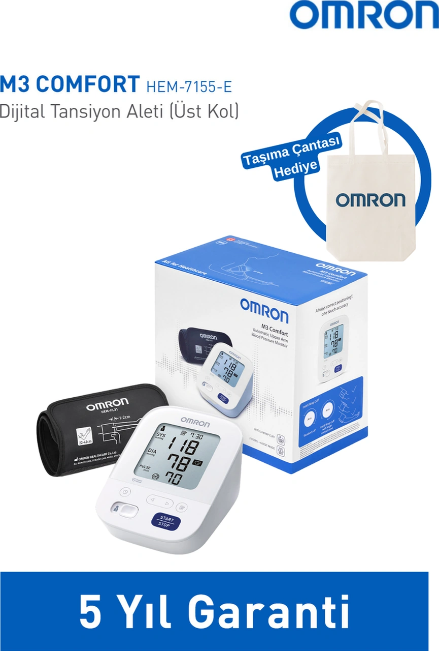 Omron M3 Comfort Kolay Kullanım Üst Koldan Ölçer Pilli Tansiyon Aleti + Taşıma Çantası