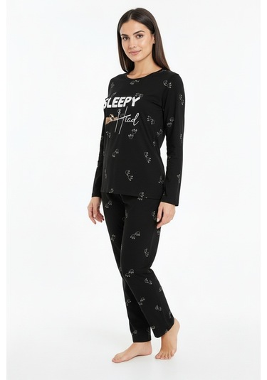 Sleepy Yazılı Elite Viscose Pijama Takımı Uzun Siyah 3552 Siyah