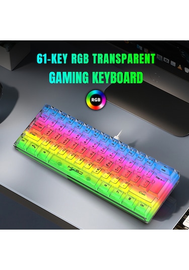 Geeksen 61 Tuşlu Rgb Şeffaf Oyun Klavyesi Usb Arkadan Aydınlatmalı Klavye Ergonomik Tasarım Çıkar Şeffaf
