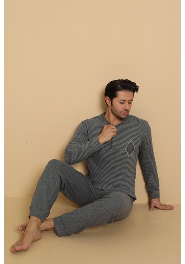 Falkon 7008 İnterlok Kışlık Çizgili Pijamalı Erkek Pijama Takımı Füme