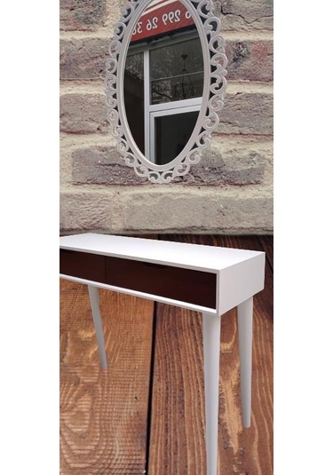 Dresuar Ahşap Kayın Retro Ayak Çift Çekmece Motifli Ayna Beyaz Ceviz El Yapımı Beyaz