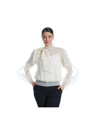 Desenli Transparan Kadın Bluz - Fiyonk Detaylı - Balon Kollu - Modern Ve Şık Tasarım - Özel Gün Ve Davet İçin Bluz Bej