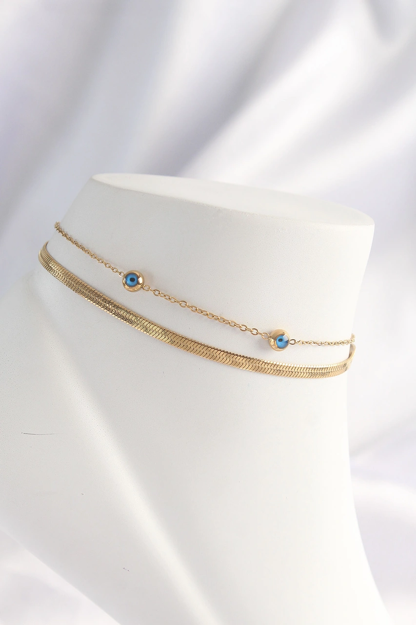 Nova Bazaar 316l Çelik Gold Renk Nazar Boncuk Tasarımlı 2li Halhal Altın