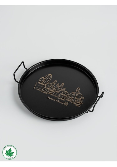 Lin Metal 24cm Yuvarlak Tel Kulplu Tepsi Kaktüs Baskılı - Siyah