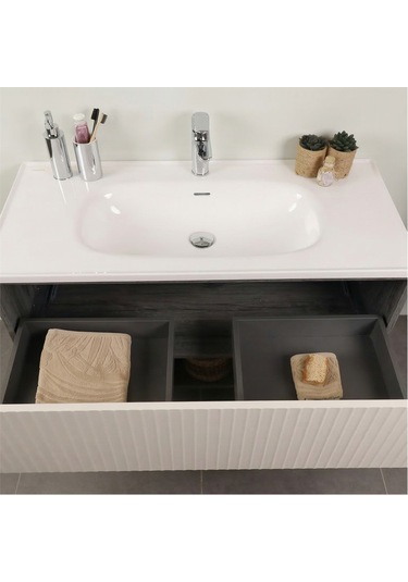 Kobos Elegant 100 Cm Banyo Dolabı Seti Grey Oak + Vanilya