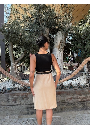 WeShaya Bej Pileli Kemer Aksesuarlı Etek Bej