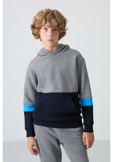 Gri Melanj Pamuklu Kalın İçi Tüylü Yumuşak Dokulu Standart Fit Nakışlı Erkek Çocuk Eşofman Takım - Gri Melanj