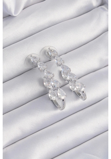 Pirinç Gümüş Renk Damla Zirkon Taş Tasarımlı Küpe