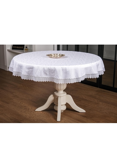 Finezza Duygu Güpürlü Jakar Kumaş Beyaz Masa Örtüsü 160cm Yuvarla