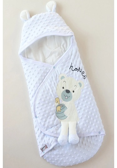 Bebecix Pamuk Astarlı Çıtçıtlı Velboa Mavi Kundak Ballı Ayıcık Mavi