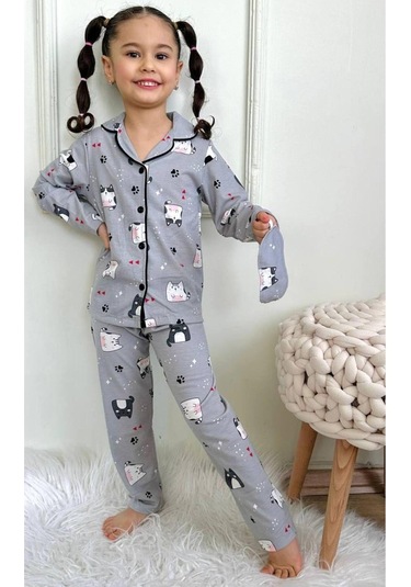 Kız Çocuk Düğmeli Kedi Desenli Uzun Kollu Pijama Takımı-932 Gri