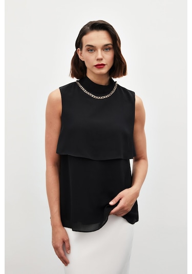 Sateen Aksesuar Detaylı Volanlı Bluz - Siyah