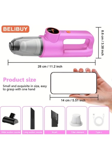 Fochsia Belıbuy Kablosuz Taşınabilir El Süpürgesi Pembe 2 Çekirdek Hafif Led Işıklı 3kpa Emiş 2000mah Şarjlı Ev Ofis Araç Temizliği