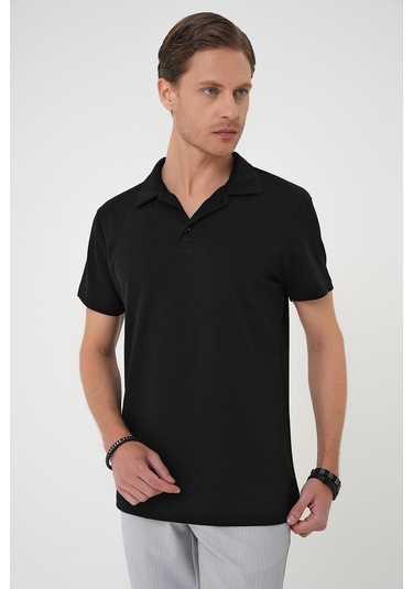 Comfort Fit Polo Yaka Esnek Pamuk Casual Siyah Tişört Ts 886 Siyah
