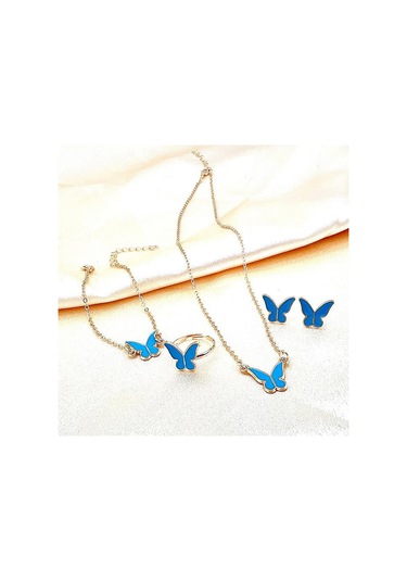 1set Moda Zarif Basit Çok Yönlü Kelebek Kolye Bilezik Küpe Yüzük Kadınlar Kızlar Düğün Partisi Takı Seti Hediye Mavi