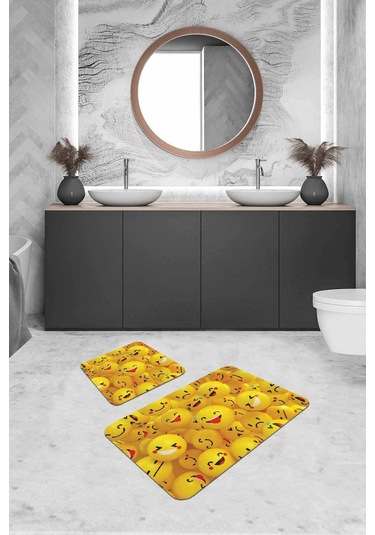 Sarı Smiley Banyo Halısı Klozet Takımı Paspas Seti Bs296