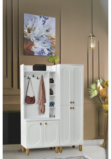 Lidya Portmanto Takımı Beyaz Raflı Askılıklı Ayakkabılık Dolap 140x37x195 cm