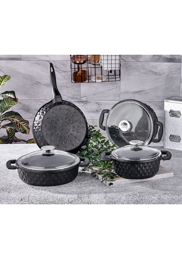 Taç Carabella Döküm 7 Parça Cam Kapak Tencere Seti Siyah
