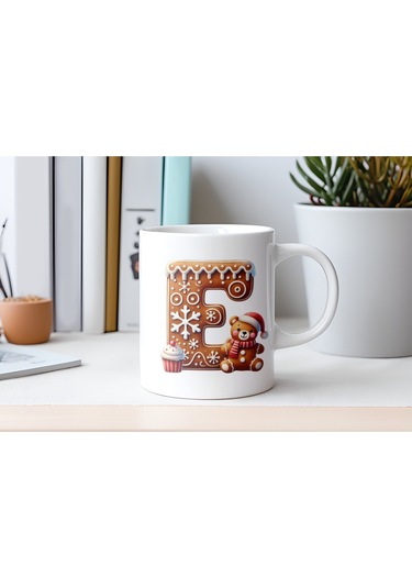 E Kurabiye Harf Ve Ayıcık Detaylı Kupa Bardak - Yeni Yıl / Yılbaşı Temalı Tasarım - Noel Hediye Beyaz