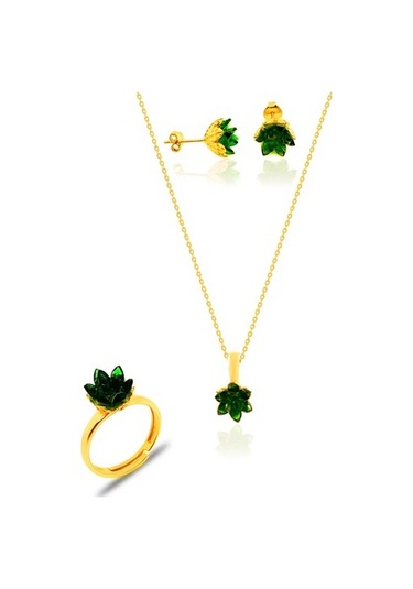 Lotus Çiçeği Küpe Ayarlamalı Yüzük Ve Kolyesi Sarı Yaldızlı Gümü