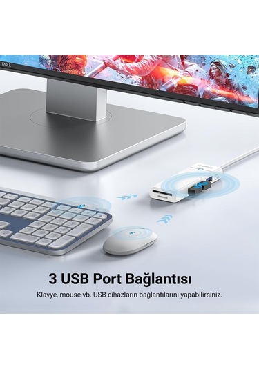 Orico Type-C To 3.0 TF SD 3 Port USB 3.0 Çoklayıcı Adaptör Beyaz