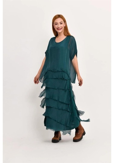 İtalyan 2 Beden İnce Gösteren Yarım Kol Kat Kat Ipek Elbise Zümrüt Yeşili