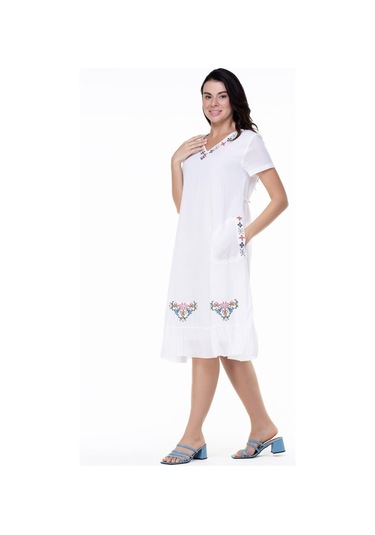 Kısa Kol Şile Bezi Mehtap Midi Boy Nakış Detaylı Elbise Beyaz Byz-beyaz