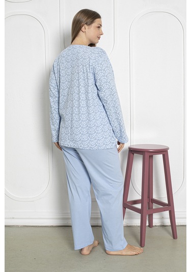 %100 Pamuklu Uzun Kollu Boydan Düğmeli Büyük Beden Kadın Pijama Takımı 206 Mavi