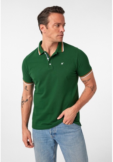 Javeir Erkek Regular Fit Çizgi Detaylı Polo Yaka T-shirt Orman Yeşili