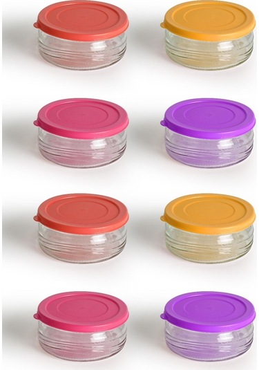 8'li Premium Kahvaltılık Seti 410 Cc Renkli Plastik Kapaklı, Cam Saklama Kabı, Hava Geçirmez Çok Renkli